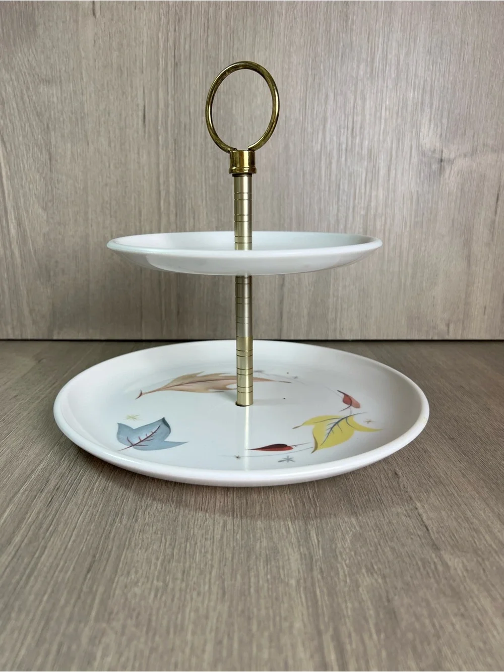 Tiered tray made vintage plates Melamine ( plastic) leaves retro kitchen party